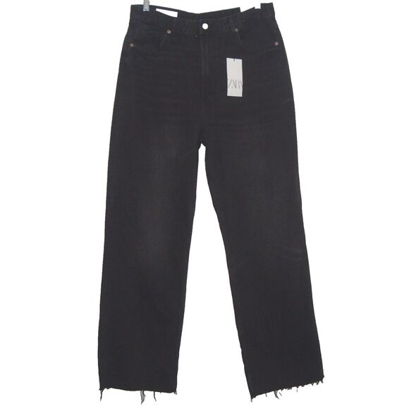 NEW! Zara Womens High Rise Full Length Wide Leg Raw Hem Black Jeans Size 14 - Picture 2 of 12
